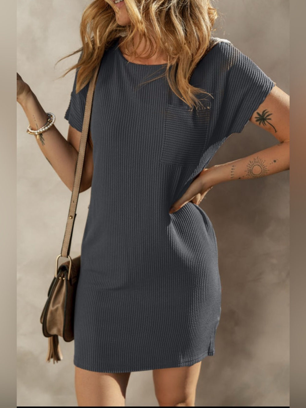 Ribbed Short Sleeve Shift Dress in Charcoal Grey